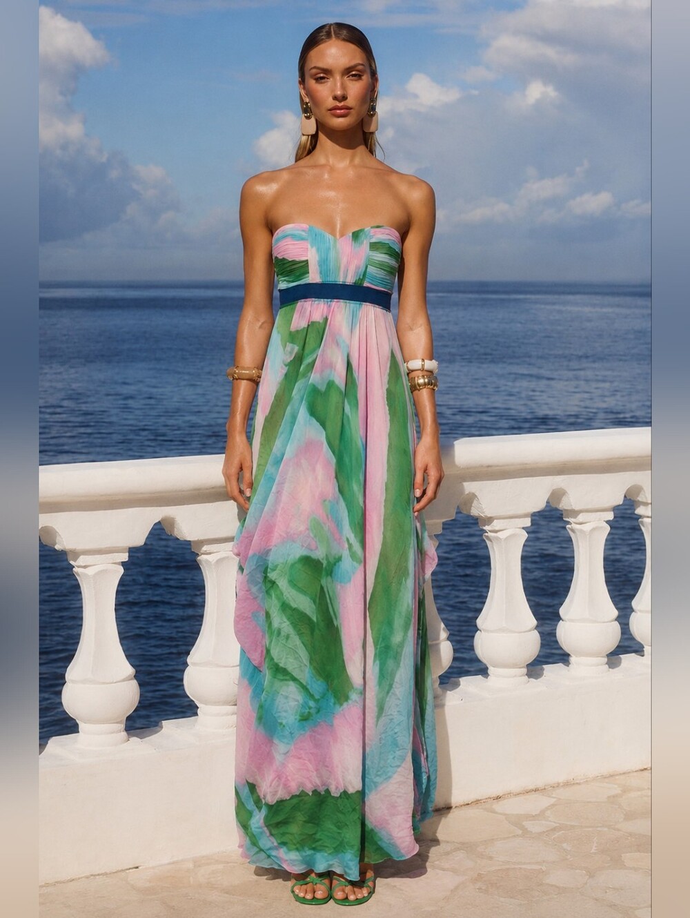 BCBG Silk Chiffon Pastel Watercolor Strapless Maxi Dress Boho 4